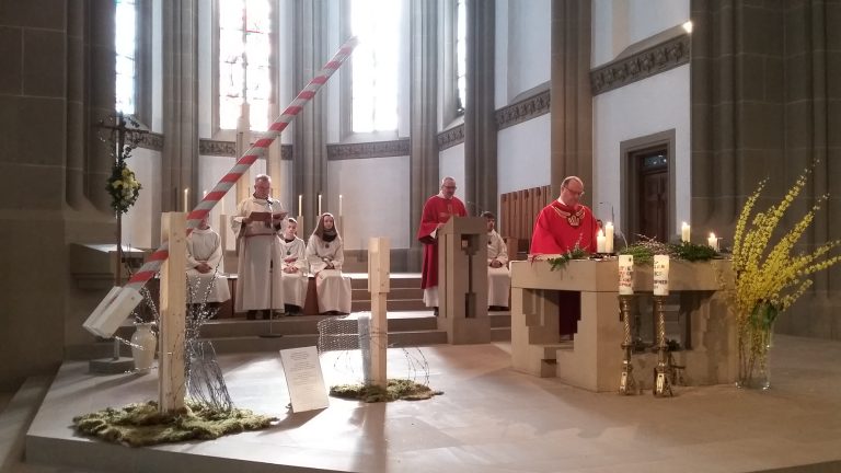 Palmsonntag in Herz Jesu: Mit dem Palmsonntag beginnt die Karwoche (von althochdeutsch „kara“ = Kummer, Trauer, Klage; die Karwoche oder Heilige Woche ist die letzte Woche der Fastenzeit vor Ostern). Am Palmsonntag erinnern wir uns an den feierlichen Einzug Jesu in Jerusalem, bei dem das Volk ihn als König bejubelte und ihm Palmzweige streute. Traditionell findet deshalb eine Palmprozession mit geweihten Palmbuschen oder Weidenkätzchen von der Jakobuskirche zur Stadtpfarrkirche Herz Jesu statt.